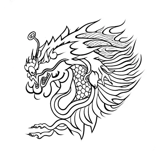 A minimalist design of a Chinese dragon intertwined with a Chinese aster flower tattoo design idea
