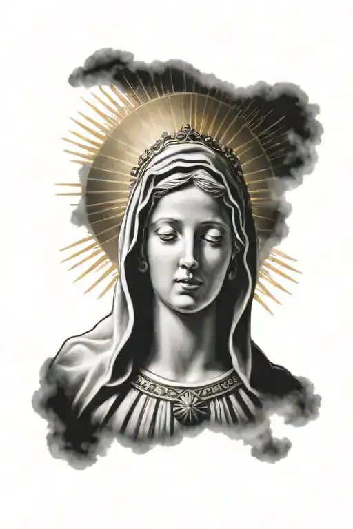virgin mary head profile with sun rays coming out the back tattoo design idea
