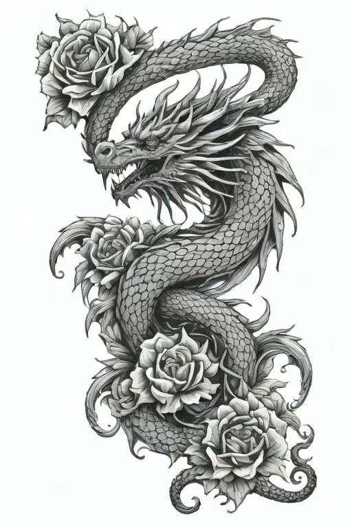 A full arm dragon, the dragon's head should be at the bottom of the arm, the dragons should wrap around the flowers tattoo design idea