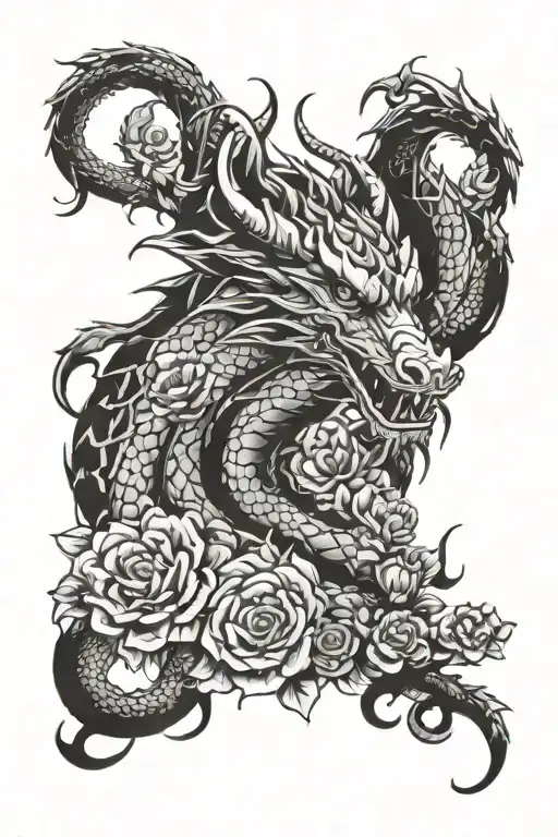The dragon is all arms around him with flowers wrapped tattoo design idea