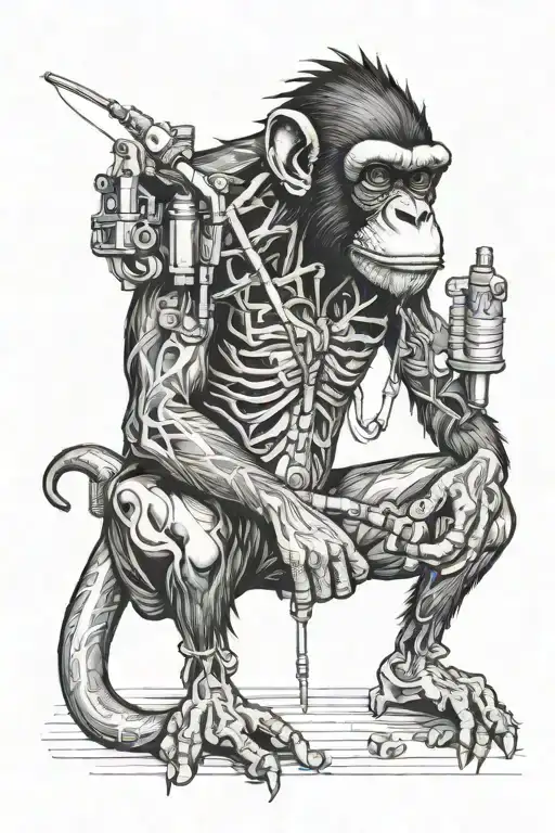 bio engineered enhanced monkey with syringe tipped tail. mechanics showing through skin thats ruptured  tattoo design idea