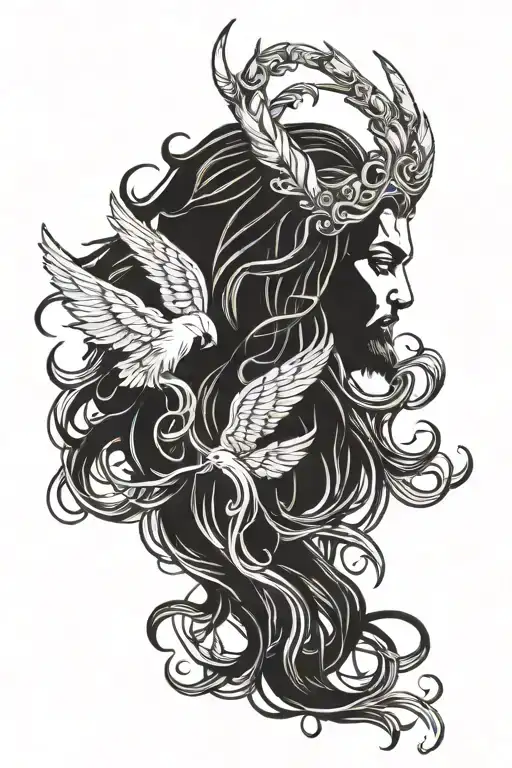 god taking off angel mask with long hair and horns tattoo design idea
