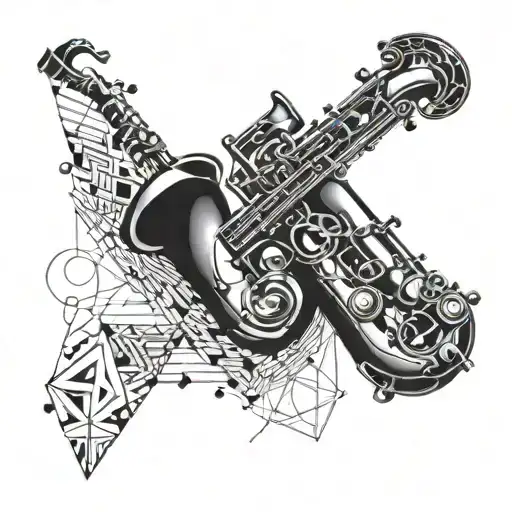 A saxophone with funky geometric patterns intertwined in the design tattoo design idea