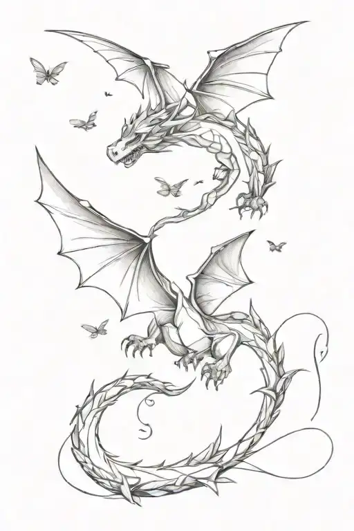 a realistic and friendly dragon flying upwards and around towards 5 butterflies  tattoo design idea