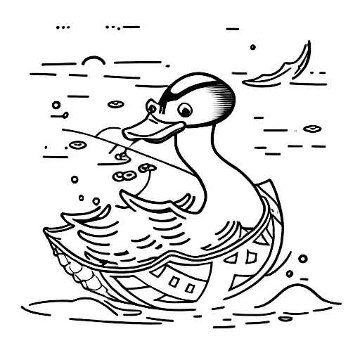 I want to get a tattoo. Mock me up a line art cute cartoon duck fishing off of a crescent moon tattoo design idea