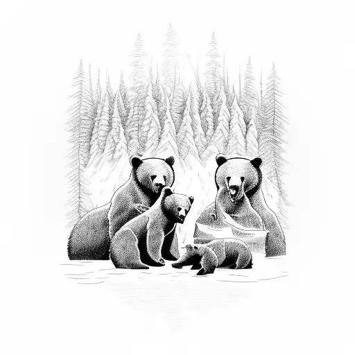 3 bears near a river in the mountains tattoo design idea