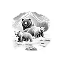 3 bears near a river in the mountains tattoo design idea