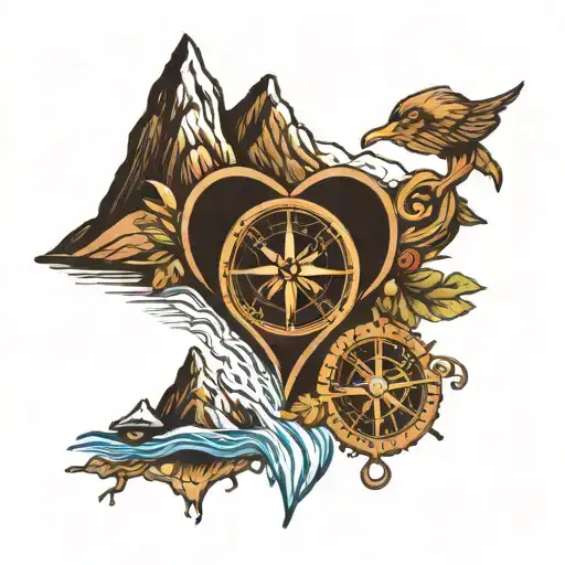 heart shaped compass earth element mountain river flowing tattoo design idea