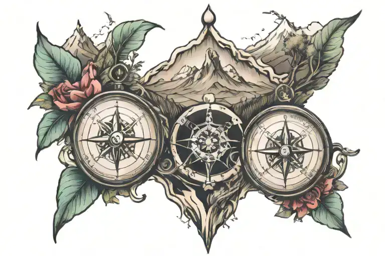 heart compass mountain landscape tattoo design idea