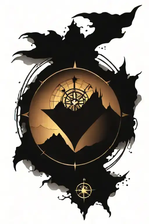heart compass with mountain range silhouette tattoo design idea