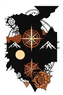 heart compass with mountain range silhouette tattoo design idea