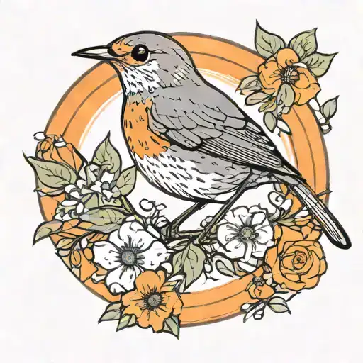 Robin Bird and flowers in front of orange circle  tattoo design idea