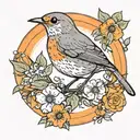 Robin Bird and flowers in front of orange circle  tattoo design idea