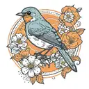 Robin Bird and flowers in front of orange circle  tattoo design idea