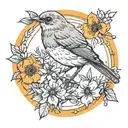 Robin Bird and flowers in front of orange circle  tattoo design idea