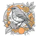 Robin Bird and flowers in front of orange circle  tattoo design idea