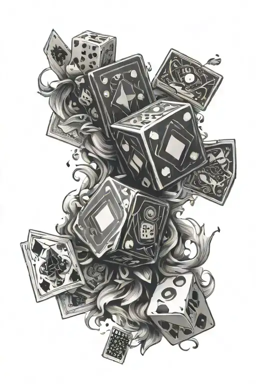 generate an arm tatto in black and white of a combination between cards and dice tattoo design idea