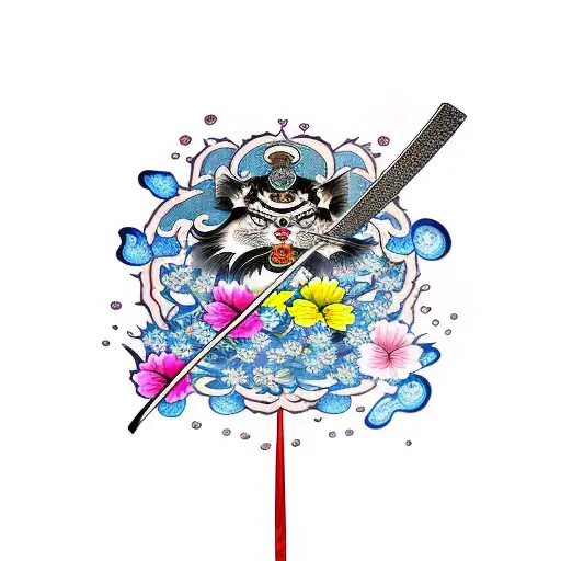 Katana with Water and Flower Petals tattoo design idea
