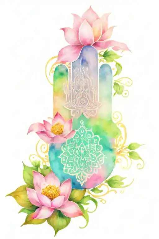 hamsa tattoo with green eye in center and pink lotus blossom on bottom  tattoo design idea