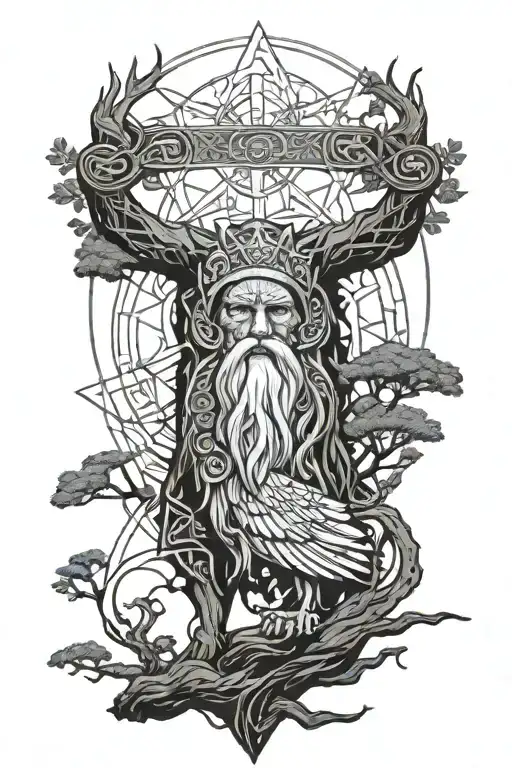 Odin angry above tree of life Nordic symbols tattoo design idea