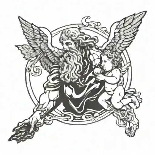 zeus holding a baby boy walking tattoo design idea