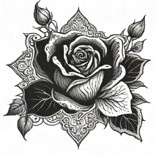 A detailed blackwork design of a rose with religious symbols incorporated into the petals tattoo design idea