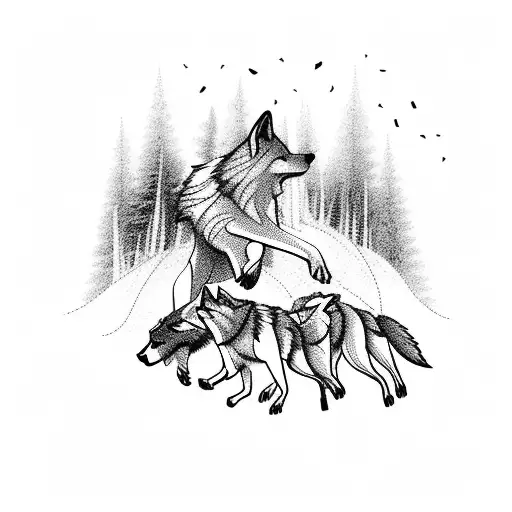 A pack of wolves running through a forest, symbolizing the freedom and strength found in nature tattoo design idea