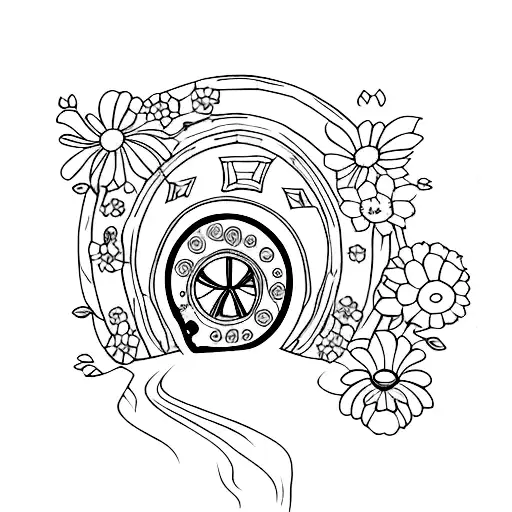 A hobbit hole door with flowers tattoo design idea