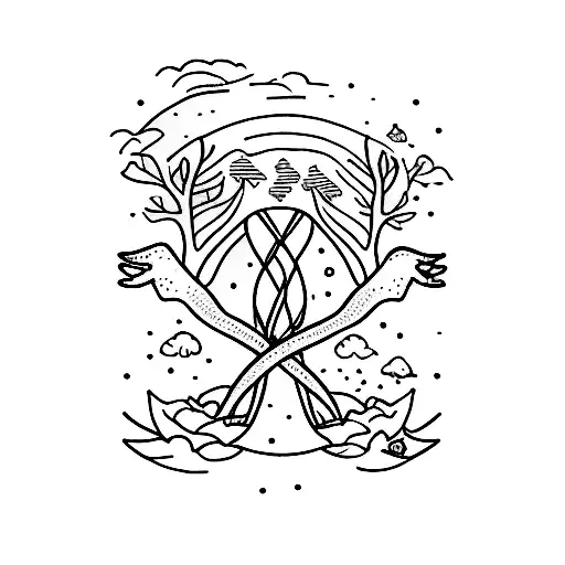 Anxiety and ADHD awareness ribbon intertwined with a calming nature scene tattoo design idea