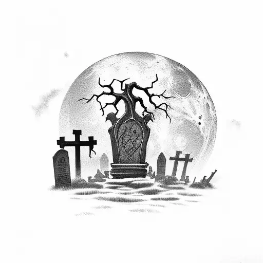 A hauntingly beautiful moonlit graveyard with a  man , standing unfeared  wandering among the tombstones tattoo design idea