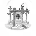 A hauntingly beautiful moonlit graveyard with a ghosty man , standing unfeared  wandering among the tombstones tattoo design idea