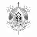 A hauntingly beautiful moonlit graveyard with a ghosty man , standing unfeared  wandering among the tombstones tattoo design idea