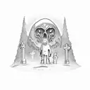 A hauntingly beautiful moonlit graveyard with a ghosty man , standing unfeared  wandering among the tombstones tattoo design idea