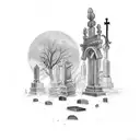 A hauntingly beautiful moonlit graveyard with a ghostly figure wandering among the tombstones tattoo design idea