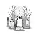 A hauntingly beautiful moonlit graveyard with a ghostly figure wandering among the tombstones tattoo design idea