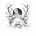 A hauntingly beautiful moonlit graveyard with a ghostly figure wandering among the tombstones tattoo design idea