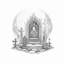 A hauntingly beautiful moonlit graveyard with a ghostly figure wandering among the tombstones tattoo design idea