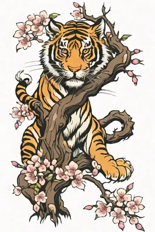 Chinese tiger and cherry blossom tree tattoo design idea