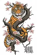Chinese tiger and cherry blossom tree tattoo design idea