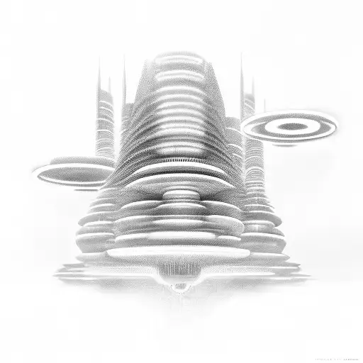 A futuristic cityscape inspired by Dune with music notes floating in the sky tattoo design idea