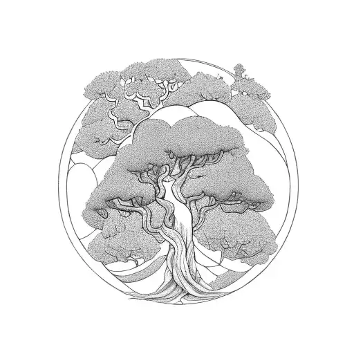 A blackwork tattoo inspired by 'The Giving Tree', depicting a serene forest with a hidden anime character tattoo design idea