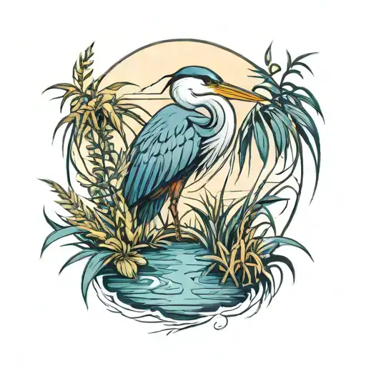 blue heron surrounded by grasses tattoo design idea