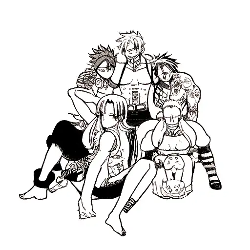 anime tattoo with characters from seven deadly sins, one piece, and hunter x hunter tattoo design idea