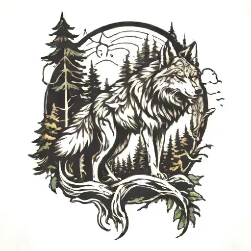 wolf with forest scene tattoo design idea