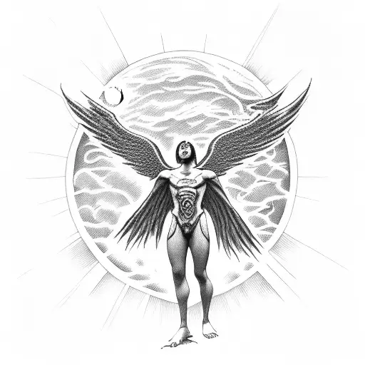 a dark angel, who has his arms outstretched, in one hand he has the moon and in the other the sun tattoo design idea