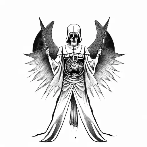  a dark angel in a black robe and a ram skull, who has his arms outstretched, in one hand he has the moon and in the oth tattoo design idea