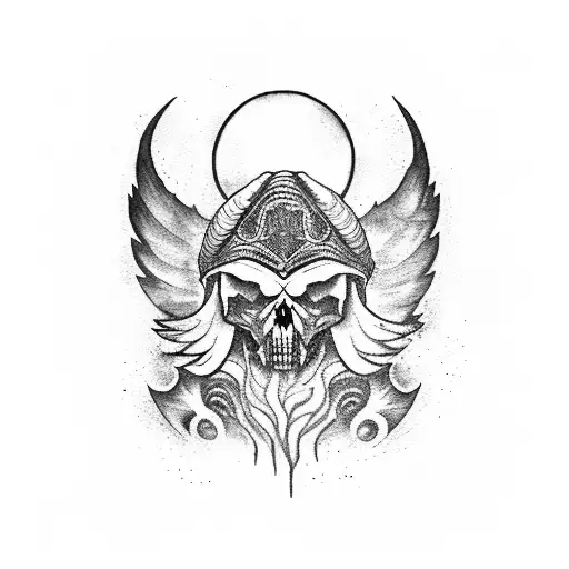  a dark angel in a black robe and a ram skull, who has his arms outstretched, in one hand he has the moon and in the oth tattoo design idea