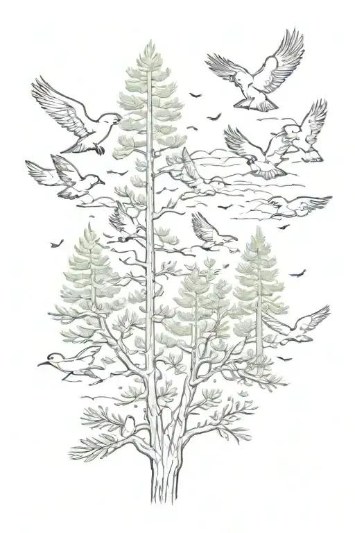pine trees and flock of birds flying away tattoo design idea
