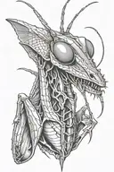 praying mantis head with red line cutting in half tattoo tattoo design idea