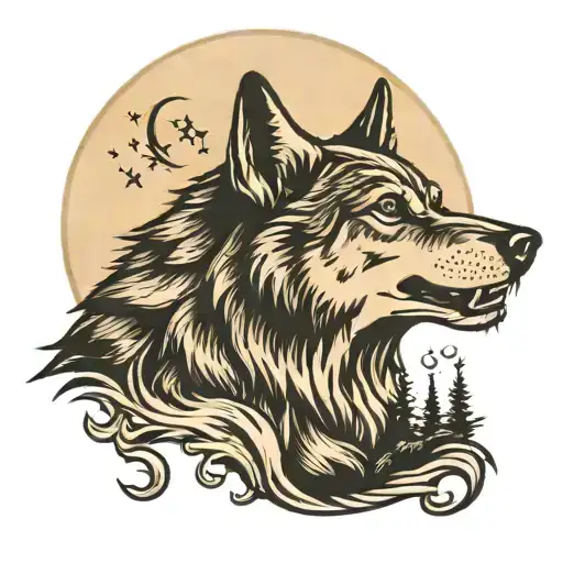 turkish wolf howling at the moon tattoo design idea